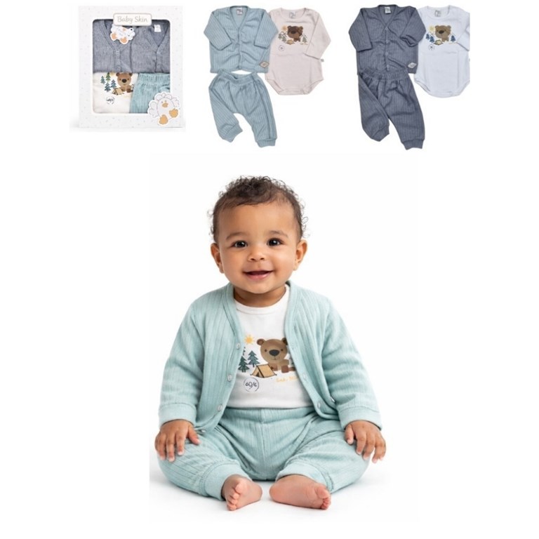 Set de 3 piezas en algodon cardigan body y pantalon.Baby skin