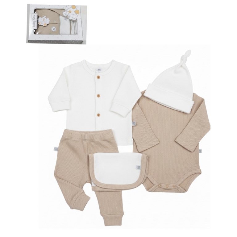 Set de 5 piezas en algodon neutro saquito,body,pantalon,gorro.Baby Skin