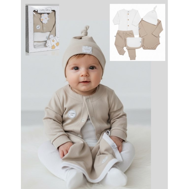 Set de 5 piezas en algodon neutro saquito,body,pantalon,gorro.Baby Skin