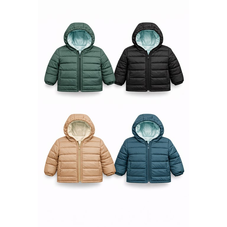 CAMPERA PARA BEBE MATELASEADA CON CAPUCHA Y BOLSILLOS. SKIN