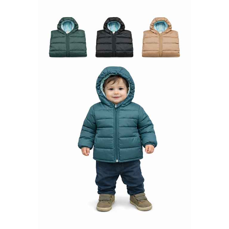 CAMPERA PARA BEBE MATELASEADA CON CAPUCHA Y BOLSILLOS. SKIN