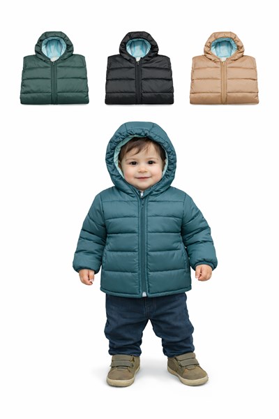CAMPERA PARA BEBE MATELASEADA CON CAPUCHA Y BOLSILLOS. SKIN