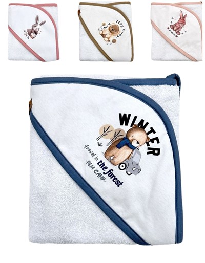 Toallon con capucha estampada tela toalla.,colores surtidos,medidas:72cm x 73 cm.Pilim