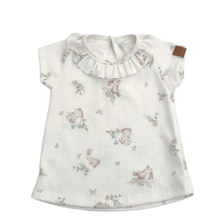 REMERA MANGA CORTA PARA BEBA ESTAMPADA FLORES CON VOLADOS EN CUELLO PILIM