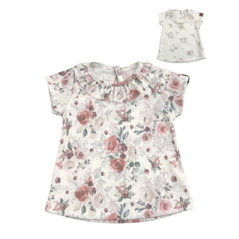 REMERA MANGA CORTA PARA BEBA ESTAMPADA FLORES CON VOLADOS EN CUELLO PILIM