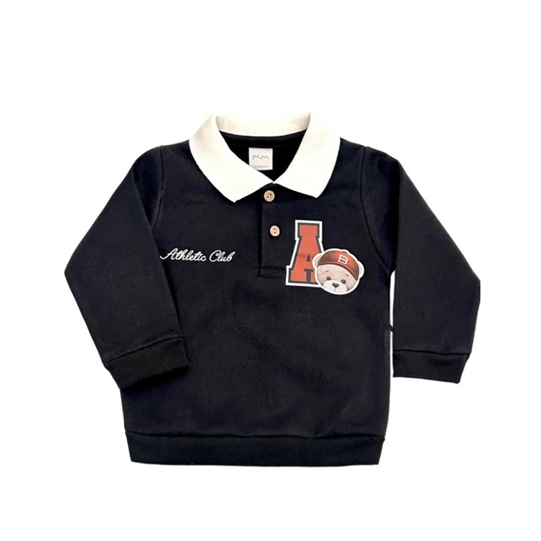 Buzo cuello polo de frisa con estampa.Pilim