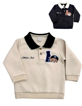 Buzo cuello polo de frisa con estampa.Pilim