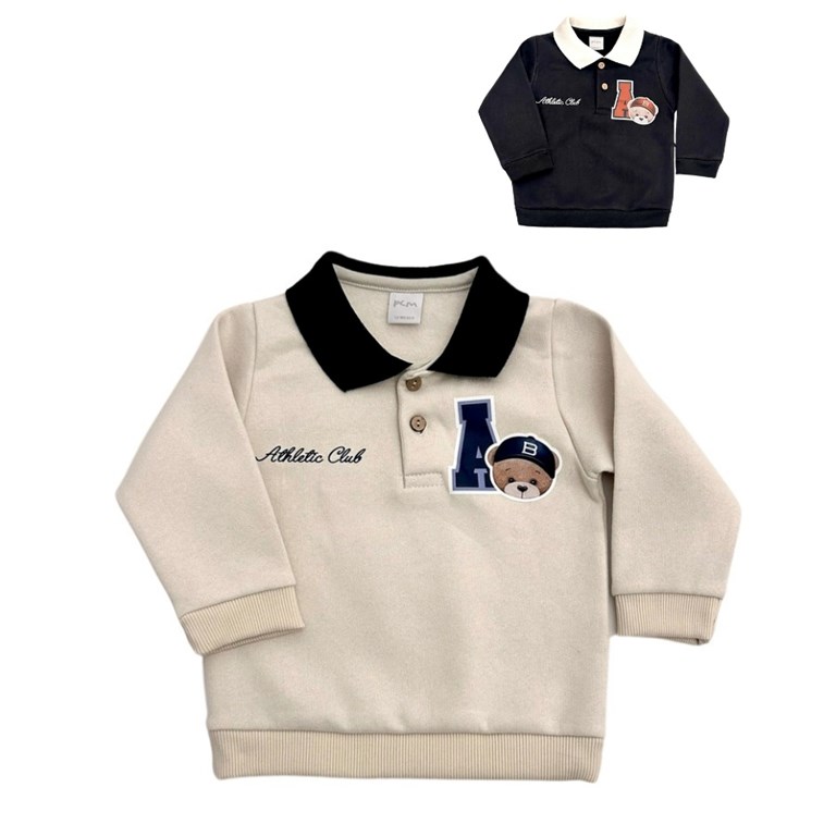 Buzo cuello polo de frisa con estampa.Pilim