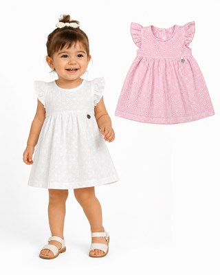 VESTIDO SIN MANGA CON VOLADO PARA BEBA EN ALGODON BORDADO, INCLUYE BOMBACHA. PILIM
