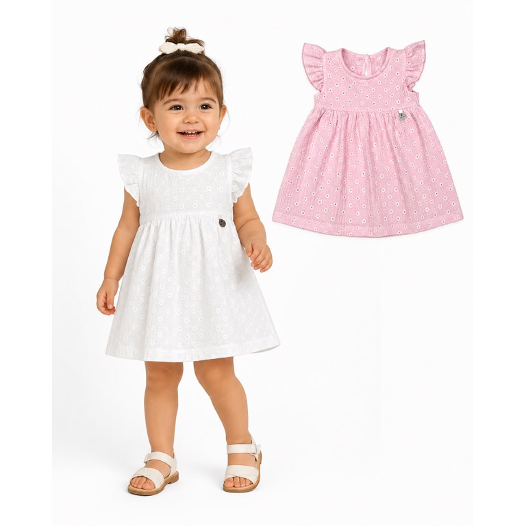 VESTIDO SIN MANGA CON VOLADO PARA BEBA EN ALGODON BORDADO, INCLUYE BOMBACHA. PILIM