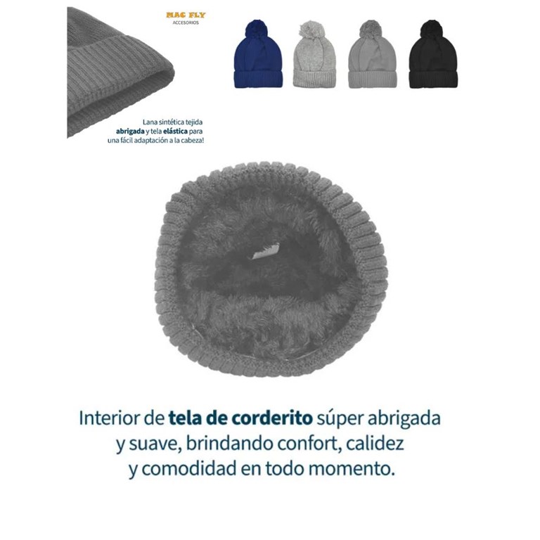 GORRO LANA CON CORDERITO EN EL INTERIOR Y POMPON LISO COLEGIAL. TALLE 1: HASTA 6 AÑOS TALLE 2: DE 7 A 16 AÑOS MACFLY