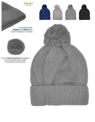GORRO LANA CON CORDERITO EN EL INTERIOR  Y POMPON LISO COLEGIAL. TALLE 1: HASTA 6 AÑOS TALLE 2: DE 7 A 16 AÑOS MACFLY