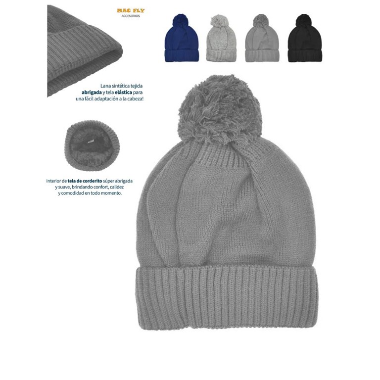GORRO LANA CON CORDERITO EN EL INTERIOR Y POMPON LISO COLEGIAL. TALLE 1: HASTA 6 AÑOS TALLE 2: DE 7 A 16 AÑOS MACFLY