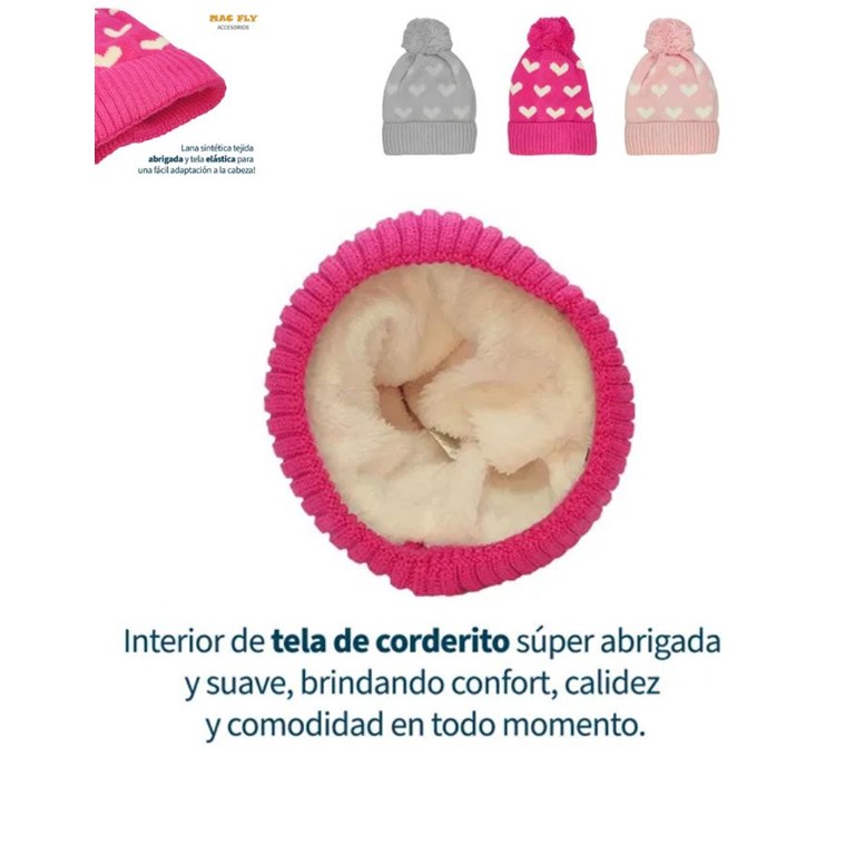 GORRRO ESTAMPADO CORAZONES CON POMPON Y CORDERITO EN EL INTERIOR. VARIOS COLORES. TALLE 1: HASTA 6 AÑOS TALLE 2: DE 7 A 16 AÑOS MACFLY