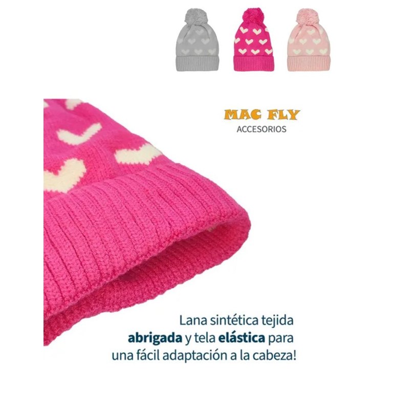 GORRRO ESTAMPADO CORAZONES CON POMPON Y CORDERITO EN EL INTERIOR. VARIOS COLORES. TALLE 1: HASTA 6 AÑOS TALLE 2: DE 7 A 16 AÑOS MACFLY