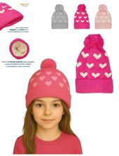 GORRRO ESTAMPADO CORAZONES CON POMPON Y CORDERITO EN EL INTERIOR. VARIOS COLORES. TALLE 1: HASTA 6 AÑOS TALLE 2: DE 7 A 16 AÑOS MACFLY