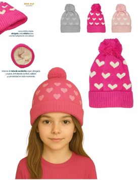 GORRRO ESTAMPADO CORAZONES CON POMPON Y CORDERITO EN EL INTERIOR. VARIOS COLORES. TALLE 1: HASTA 6 AÑOS TALLE 2: DE 7 A 16 AÑOS MACFLY