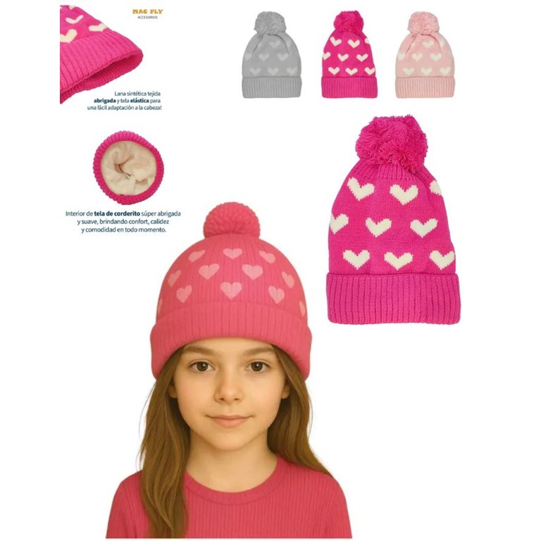 GORRRO ESTAMPADO CORAZONES CON POMPON Y CORDERITO EN EL INTERIOR. VARIOS COLORES. TALLE 1: HASTA 6 AÑOS TALLE 2: DE 7 A 16 AÑOS MACFLY