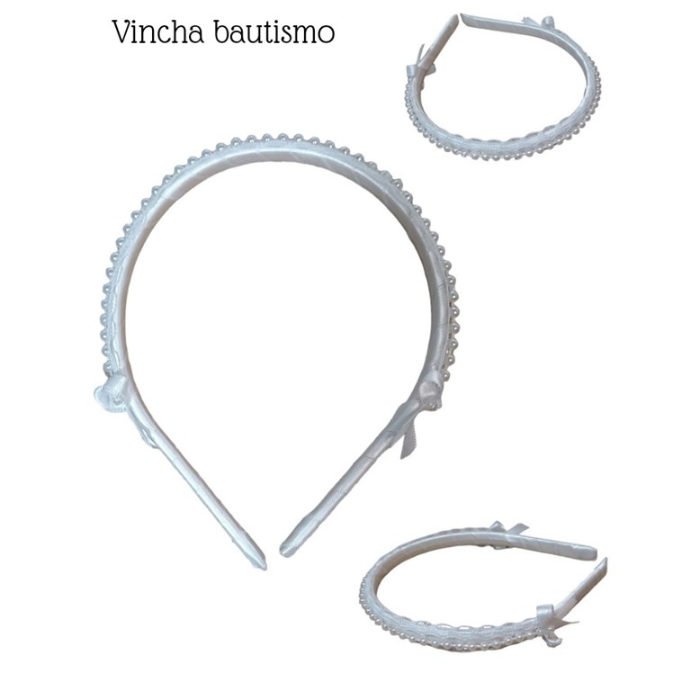 Vincha para bautismo rigida con apliques perlas.