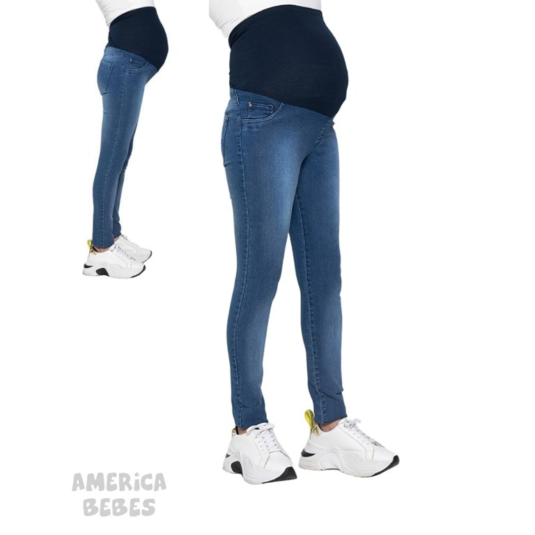 PANTALON DE JEAN ELASTIZADO PARA FUTURA MAMA CON FAJA ALTA CRUZADA EN LA ESPALDA QUE SERA