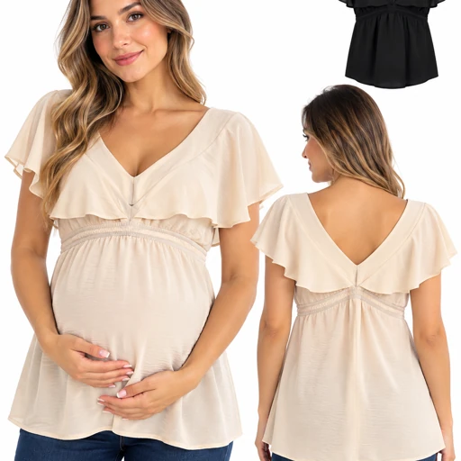 BLUSA SEY ELASTIZADA CON TAJO EN BUSTO PARA AMAMANTAR Y VOLADO EN MANGA. QUE SERA
