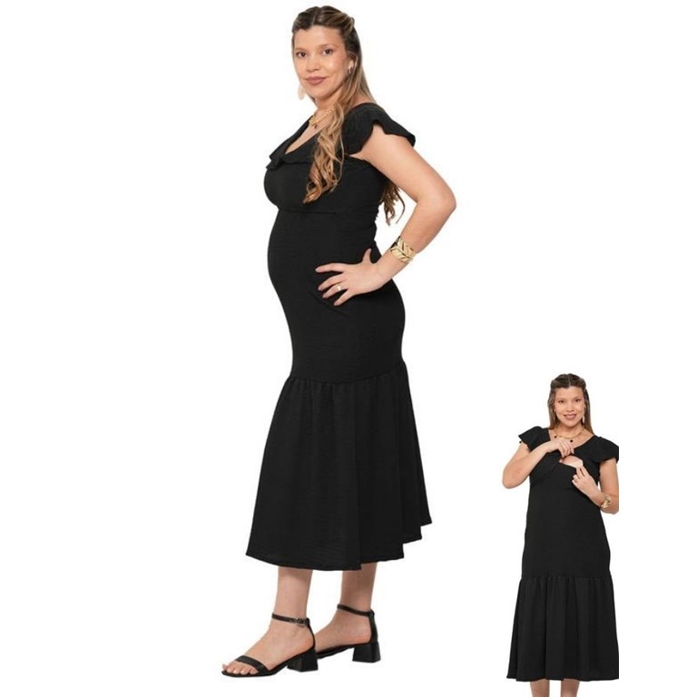 Vestido creep elastizado con escote en v y volados.Que sera