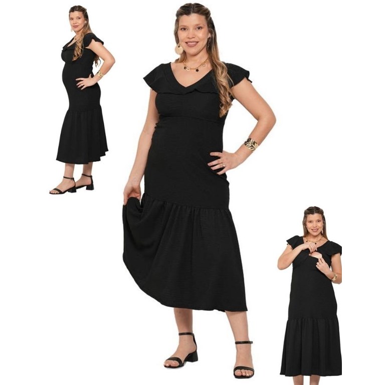 Vestido creep elastizado con escote en v y volados.Que sera