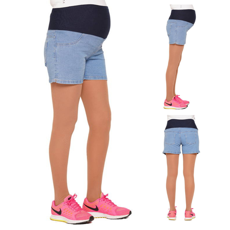 Short de jean elastizado celeste con faja elastizada de algodon.Que sera