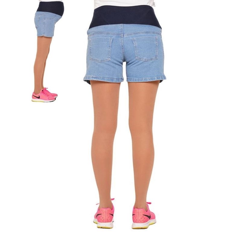 Short de jean elastizado celeste con faja elastizada de algodon.Que sera