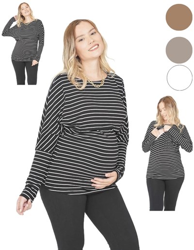REMERA MANGA LARGA FM MODAL RAYAS VISCOSA OVERSIZE PARA AMAMANTAR. QUE SERA