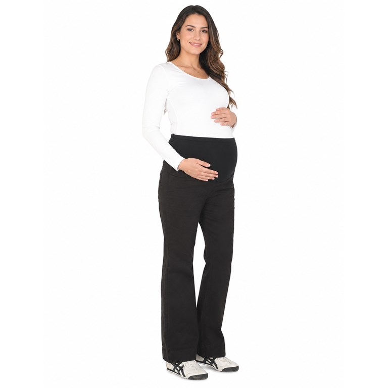 PANTALON RECTO DE GABARDINA ELASTIZADA CON BOTAMANGA ANCHO Y FAJA DE LAGODON ELASTIZADA EN PANZA. QUE SERA