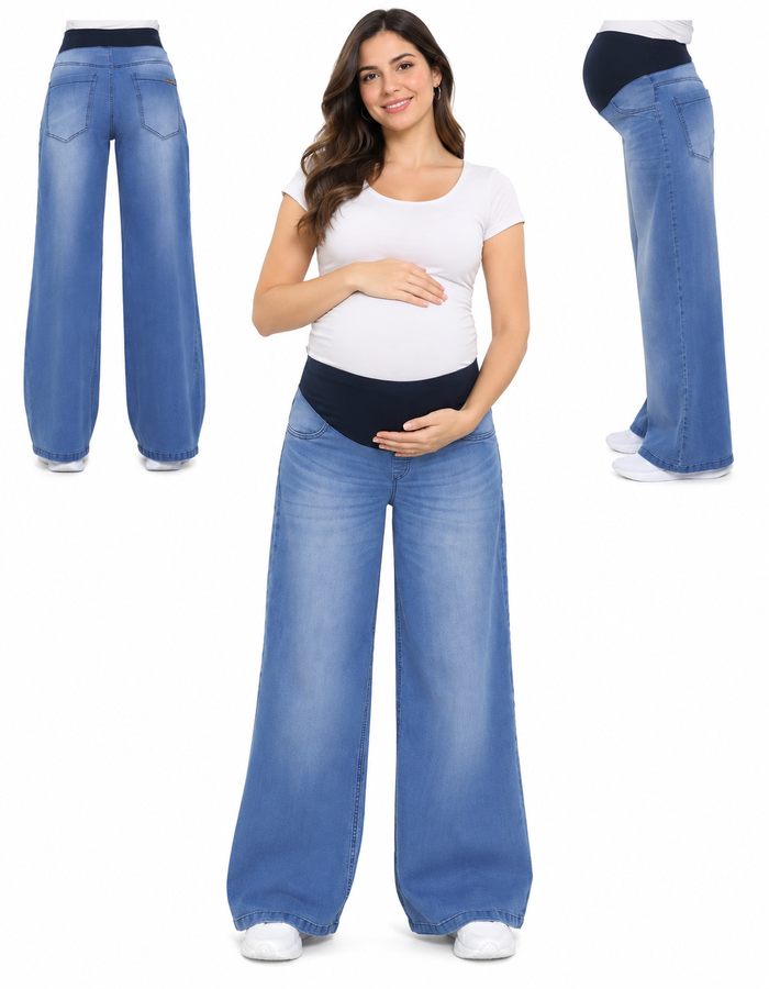 JEAN SUPER WIDE LEG CON FAJA EN PANZA COLOR CELESTE. QUE SERA