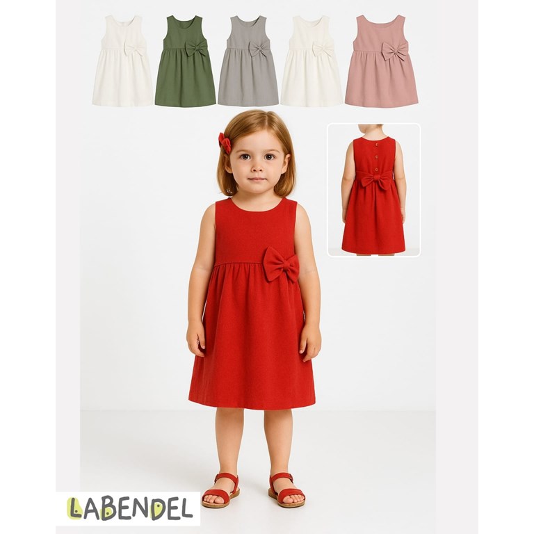 VESTIDO BEBA TUSOR SIN MANGA CON MOÑO. COLORES: ROJO-OLIVA-BLANCO-ROSA-GRIS TIZA-AERO-NATURAL. LABENDEL