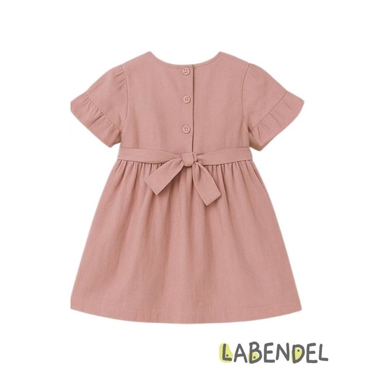 VESTIDO BEBA TUSOR MANGA CORTA CON VOLADOS Y CINTO ESPALDA. COLORES: OLIVA-BLANCO-ROSA-GRIS TIZA-AERO-NATURAL. LABENDEL