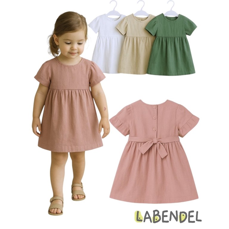 VESTIDO BEBA TUSOR MANGA CORTA CON VOLADOS Y CINTO ESPALDA. COLORES: OLIVA-BLANCO-ROSA-GRIS TIZA-AERO-NATURAL. LABENDEL