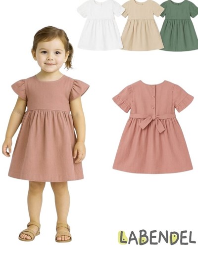 VESTIDO BEBA TUSOR MANGA CORTA CON VOLADOS Y CINTO ESPALDA. COLORES: OLIVA-BLANCO-ROSA-GRIS TIZA-AERO-NATURAL. LABENDEL
