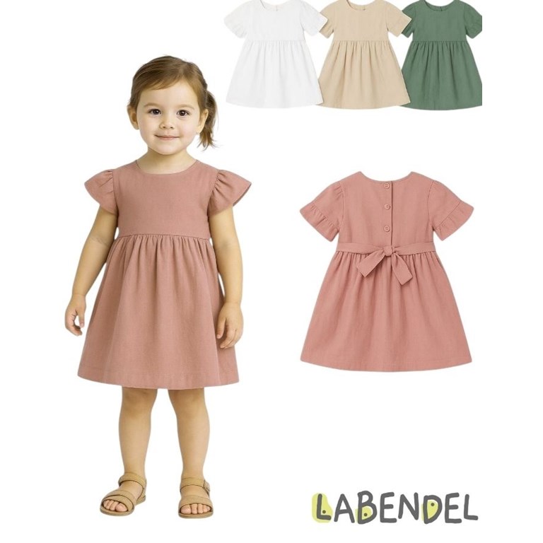 VESTIDO BEBA TUSOR MANGA CORTA CON VOLADOS Y CINTO ESPALDA. COLORES: OLIVA-BLANCO-ROSA-GRIS TIZA-AERO-NATURAL. LABENDEL