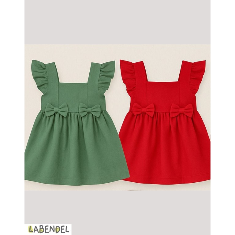 VESTIDO BEBA TUSOR SIN MANGA CON VOLADOS EN BRETELES Y MOÑOS. COLORES: OLIVA-BLANCO-ROSA-GRIS TIZA-AERO-NATURAL - ROJO. LABENDEL