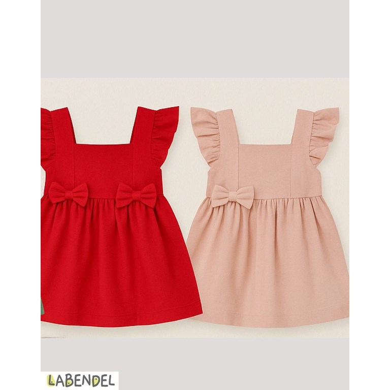 VESTIDO BEBA TUSOR SIN MANGA CON VOLADOS EN BRETELES Y MOÑOS. COLORES: OLIVA-BLANCO-ROSA-GRIS TIZA-AERO-NATURAL - ROJO. LABENDEL