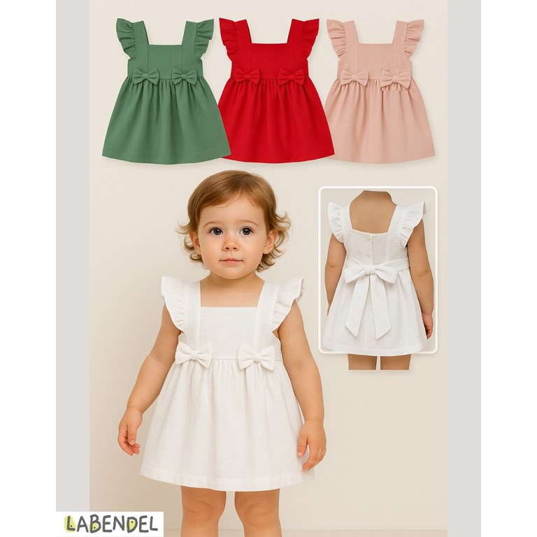 VESTIDO BEBA TUSOR SIN MANGA CON VOLADOS EN BRETELES Y MOÑOS. COLORES: OLIVA-BLANCO-ROSA-GRIS TIZA-AERO-NATURAL - ROJO. LABENDEL