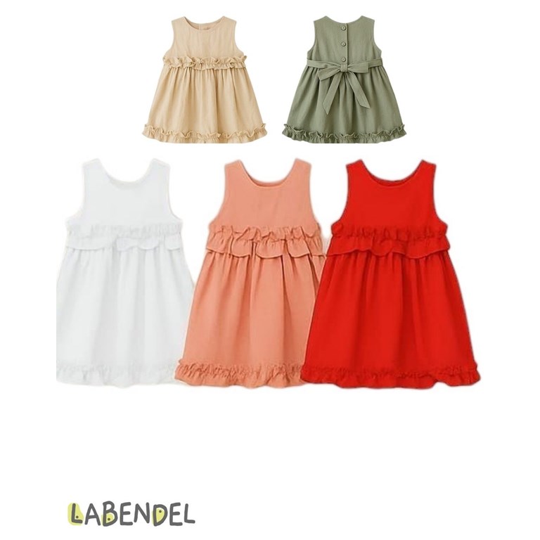 VESTIDO BEBA TUSOR SIN MANGA CON VOLADOS CINTURA Y RUEDO. COLORES: OLIVA-BLANCO-ROSA-GRIS TIZA-AERO- ROJO- NATURAL. LABENDEL