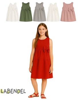 VESTIDO NIÑA TUSOR SIN MANGA CON MOÑO. COLORES: ROJO-OLIVA-BLANCO-ROSA-GRIS TIZA-AERO-NATURAL. LABENDEL