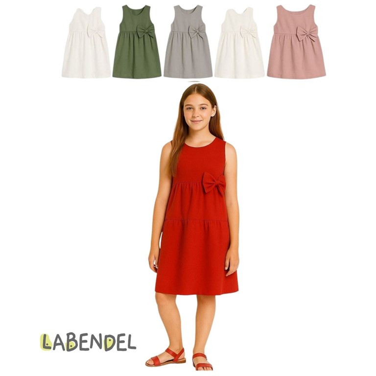 VESTIDO NIÑA TUSOR SIN MANGA CON MOÑO. COLORES: ROJO-OLIVA-BLANCO-ROSA-GRIS TIZA-AERO-NATURAL. LABENDEL