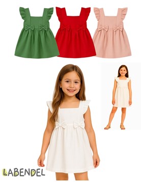 VESTIDO NIÑA TUSOR SIN MANGA CON VOLADOS EN BRETELES Y MOÑOS. COLORES: OLIVA-BLANCO-ROSA-GRIS TIZA-AERO-NATURAL - ROJO. LABENDEL