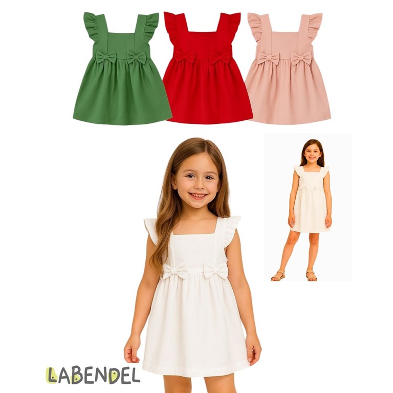 VESTIDO NIÑA TUSOR SIN MANGA CON VOLADOS EN BRETELES Y MOÑOS. COLORES: OLIVA-BLANCO-ROSA-GRIS TIZA-AERO-NATURAL - ROJO. LABENDEL