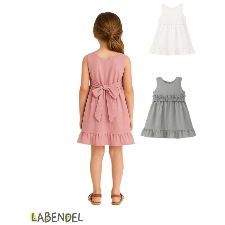 VESTIDO NENA TUSOR CON VOLADOS EN CINTURA Y RUEDO. COLORES: OLIVA-BLANCO-ROSA-GRIS TIZA-AERO-NATURAL. LABENDEL