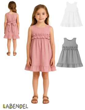 VESTIDO NENA TUSOR CON VOLADOS EN CINTURA Y RUEDO. COLORES: OLIVA-BLANCO-ROSA-GRIS TIZA-AERO-NATURAL. LABENDEL