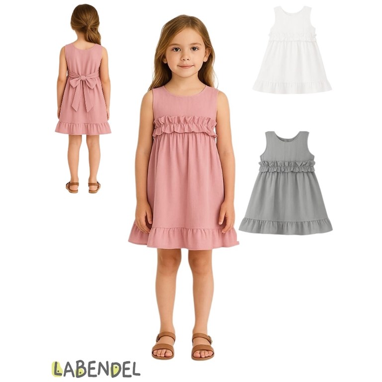 VESTIDO NENA TUSOR CON VOLADOS EN CINTURA Y RUEDO. COLORES: OLIVA-BLANCO-ROSA-GRIS TIZA-AERO-NATURAL. LABENDEL