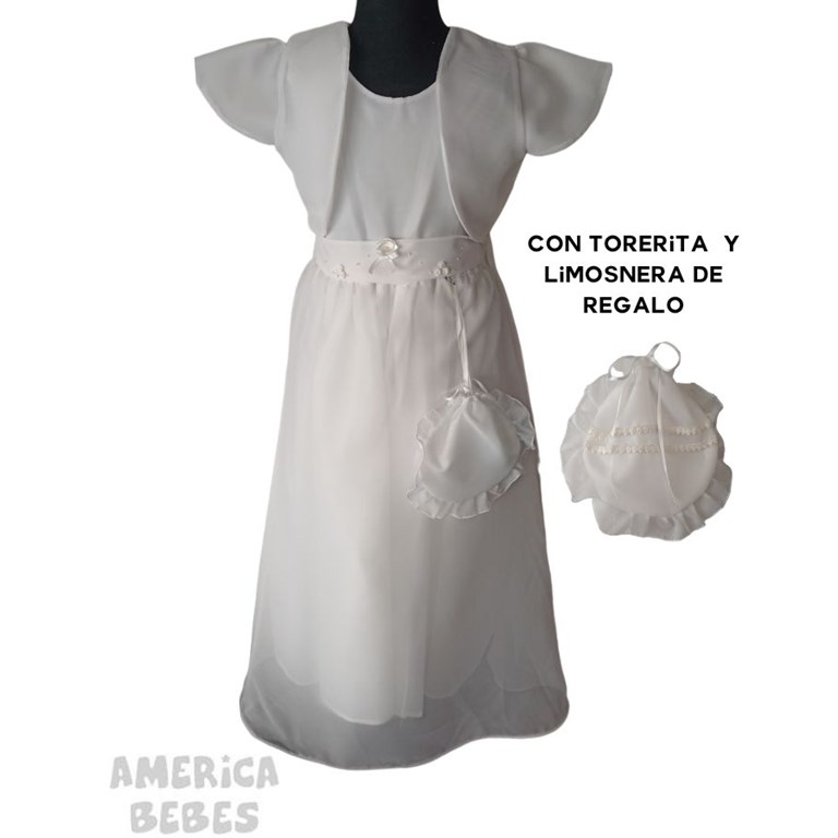 VESTIDO COMUNION + TORERITA + LIMOSNERA. LABENDEL