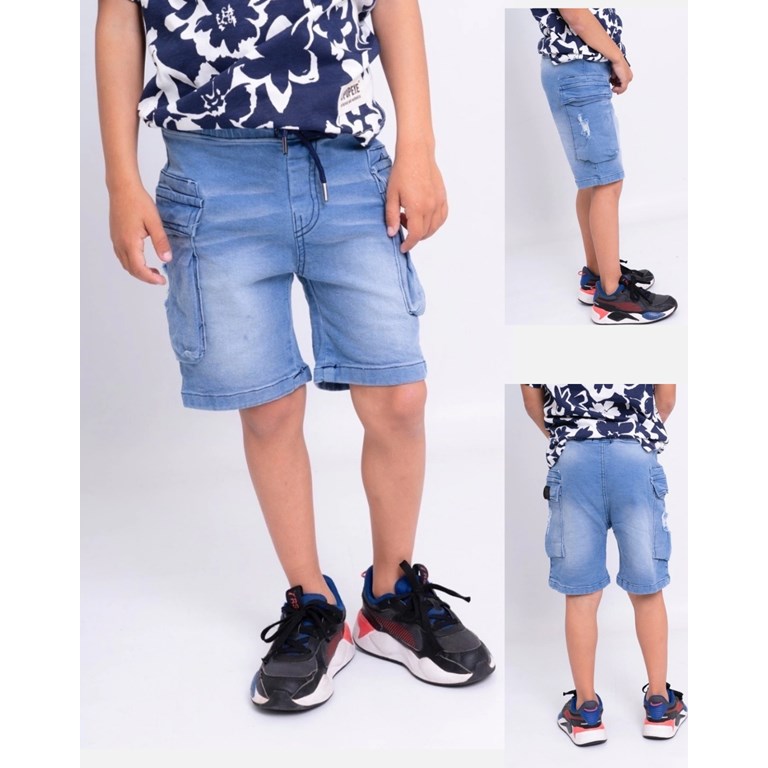 BERMUDA DE JEAN CARGO ELASTIZADO JOGGER CON ELASTICO EN CINTURA Y CORDON PUNTERA METALICA. POPEYE